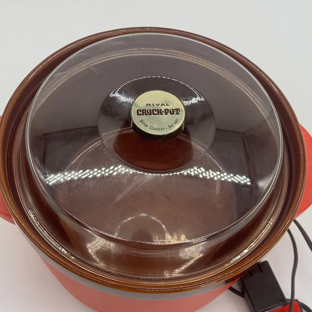 Vintage Rival Crock-Pot Slow Cooker Server Red Model 3300-2 Brown Ceramic Insert